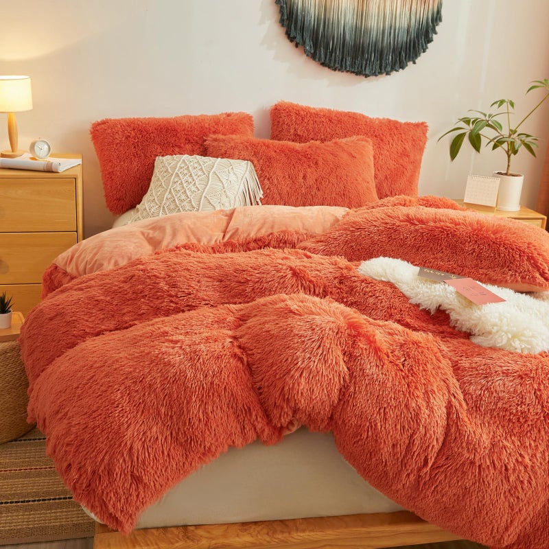 Besfunny Furry Fluffy Terracotta Comforter Cover Queen Set - Faux Fur Furry Terracotta Bedding 3-Piece Set (1 Duvet Cover + 2 Furry Pillow Shams) Cozy Bed Set - Image 5